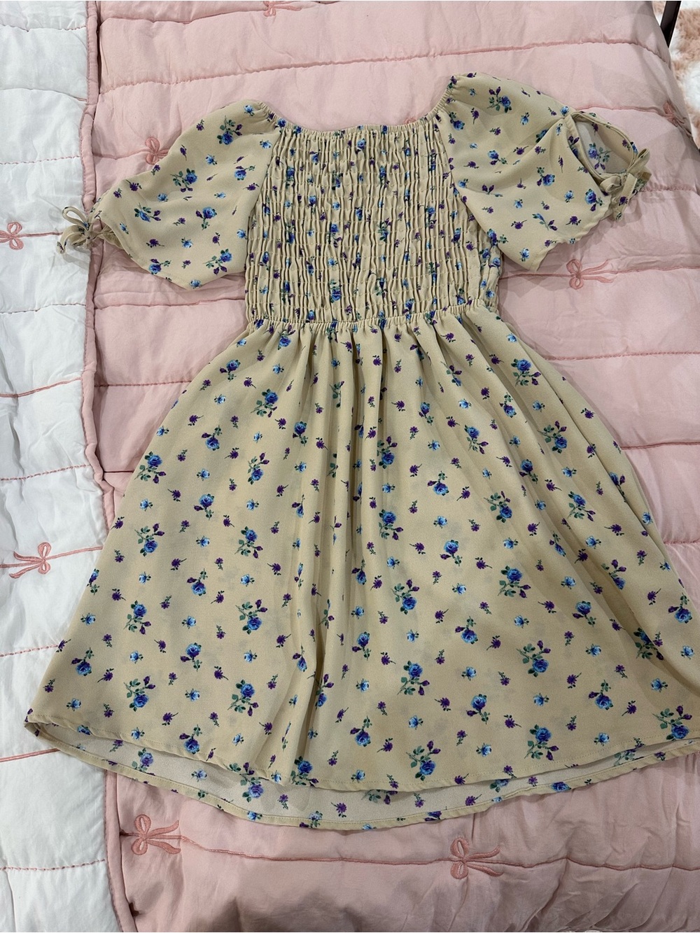 Mossimo Supply Co. Beige Floral Smocked Dress with Blue & Purple Flowers